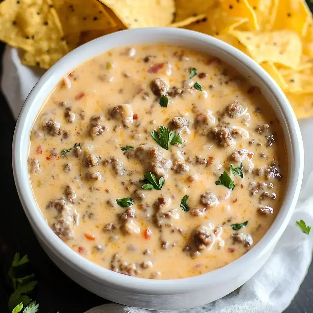 A bowl of creamy beef dip garnished with parsley, accompanied by tortilla chips.