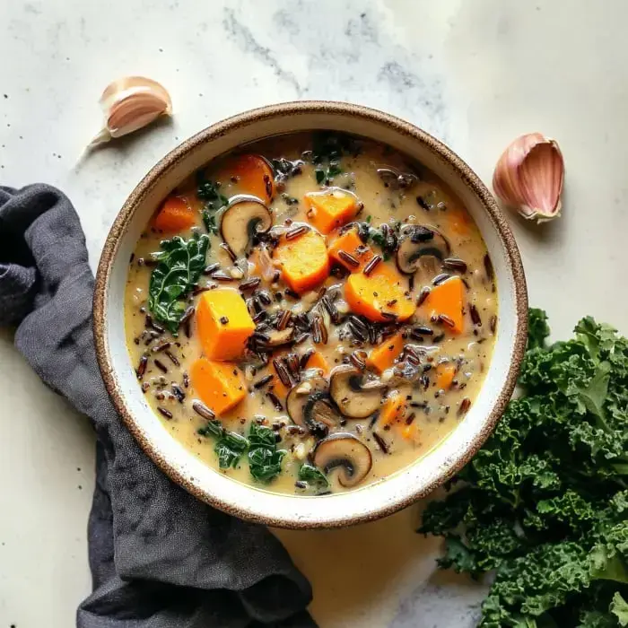 A bowl of creamy soup featuring orange squash, mushrooms, kale, and wild rice, accompanied by garlic cloves and a dark cloth on a marble surface.