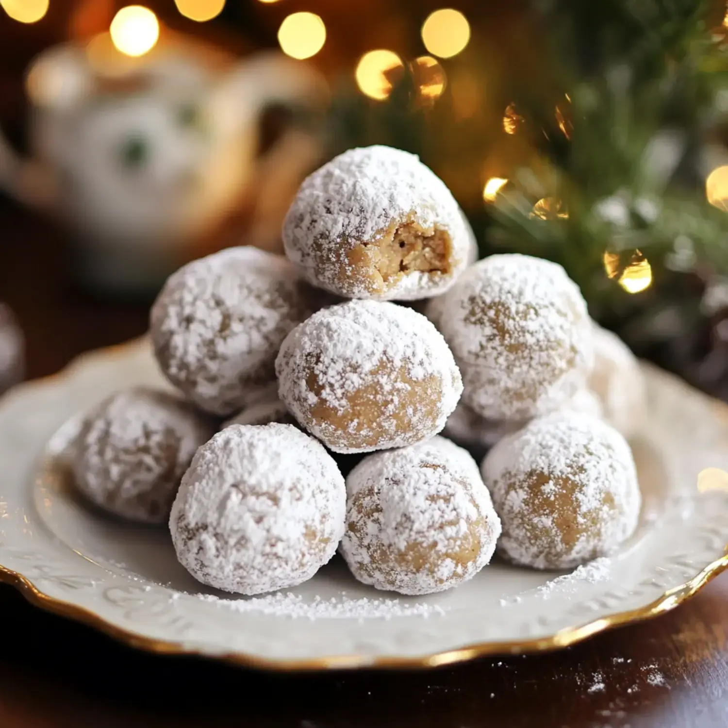 A plate stacked with powdered sugar-covered cookie balls, with a partially eaten one on top, set against a festive, softly lit background.