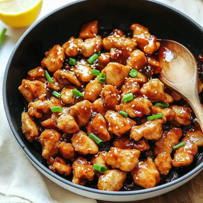 A serving of glazed chicken pieces garnished with green onions and sesame seeds in a black skillet.