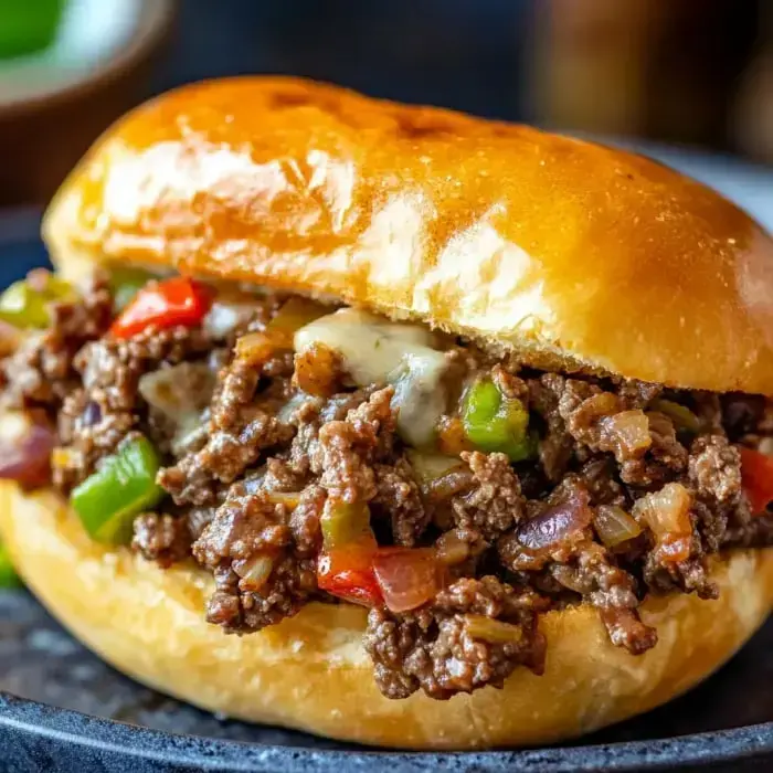 A close-up of a juicy beef sandwich filled with sautéed vegetables, served in a shiny golden bun.