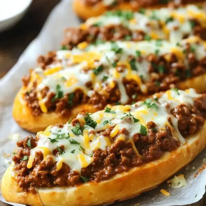 Three toasted hoagie rolls are topped with a savory mixture of ground beef, melted cheese, and chopped parsley, arranged on a parchment-lined tray.