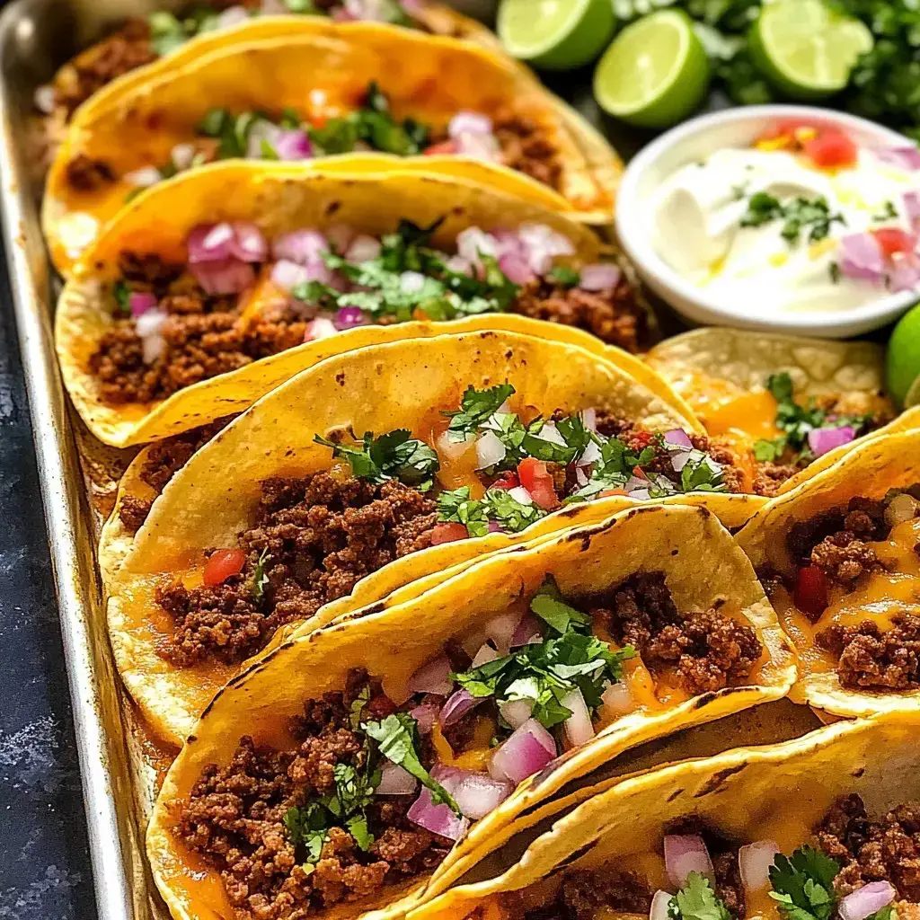 A platter of loaded tacos filled with seasoned meat, chopped onions, and cilantro, accompanied by lime wedges and a bowl of sour cream.