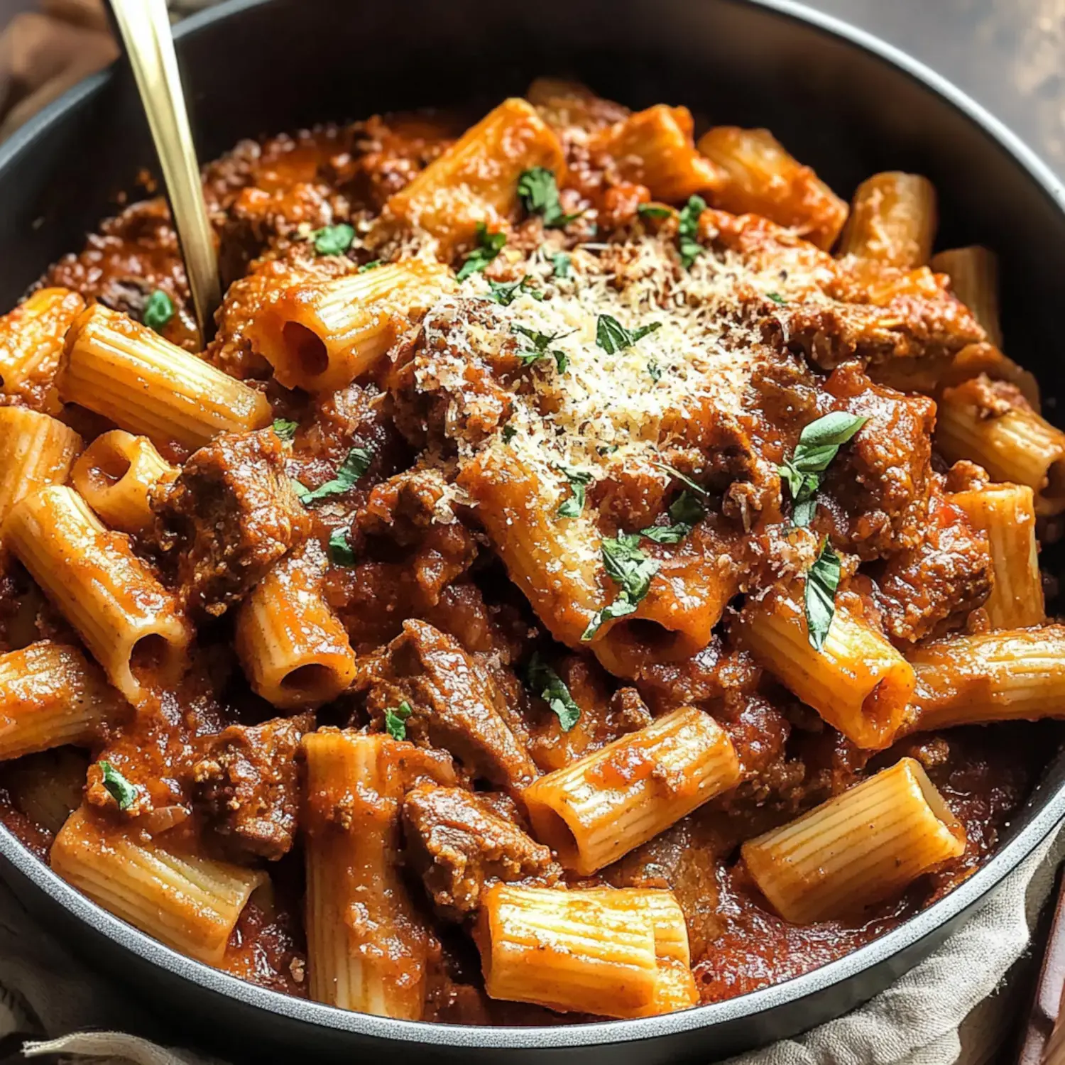 A close-up of a bowl of rigatoni pasta in a rich meat sauce, topped with grated cheese and fresh herbs.