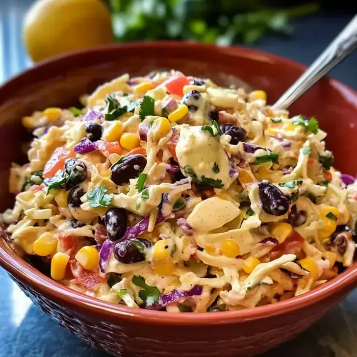 A colorful coleslaw salad mixed with shredded cabbage, black beans, corn, diced tomatoes, and cilantro, served in a brown bowl.