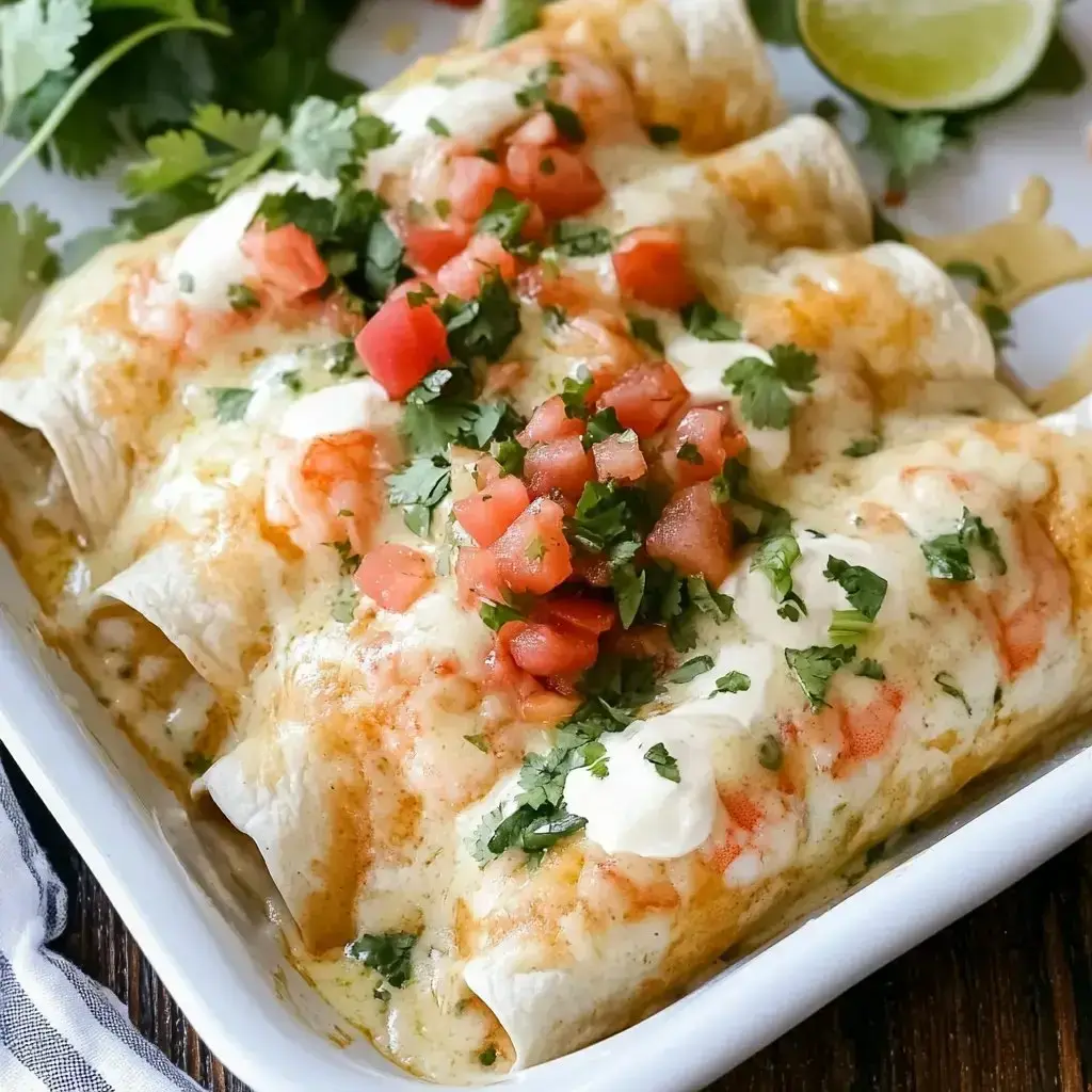 A close-up of a dish featuring four cheesy enchiladas topped with diced tomatoes, cilantro, and a lime wedge on the side.