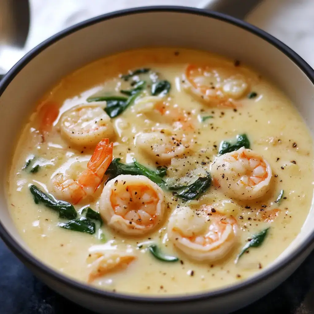 A bowl of creamy soup containing shrimp and spinach, garnished with black pepper.