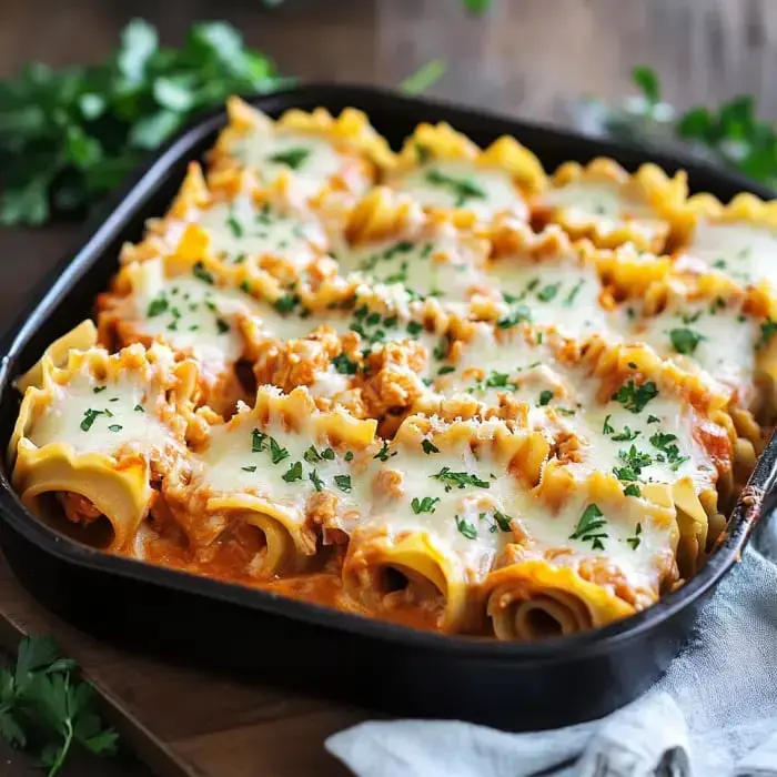 A freshly baked tray of pasta rolls filled with meat and topped with melted cheese and chopped parsley.