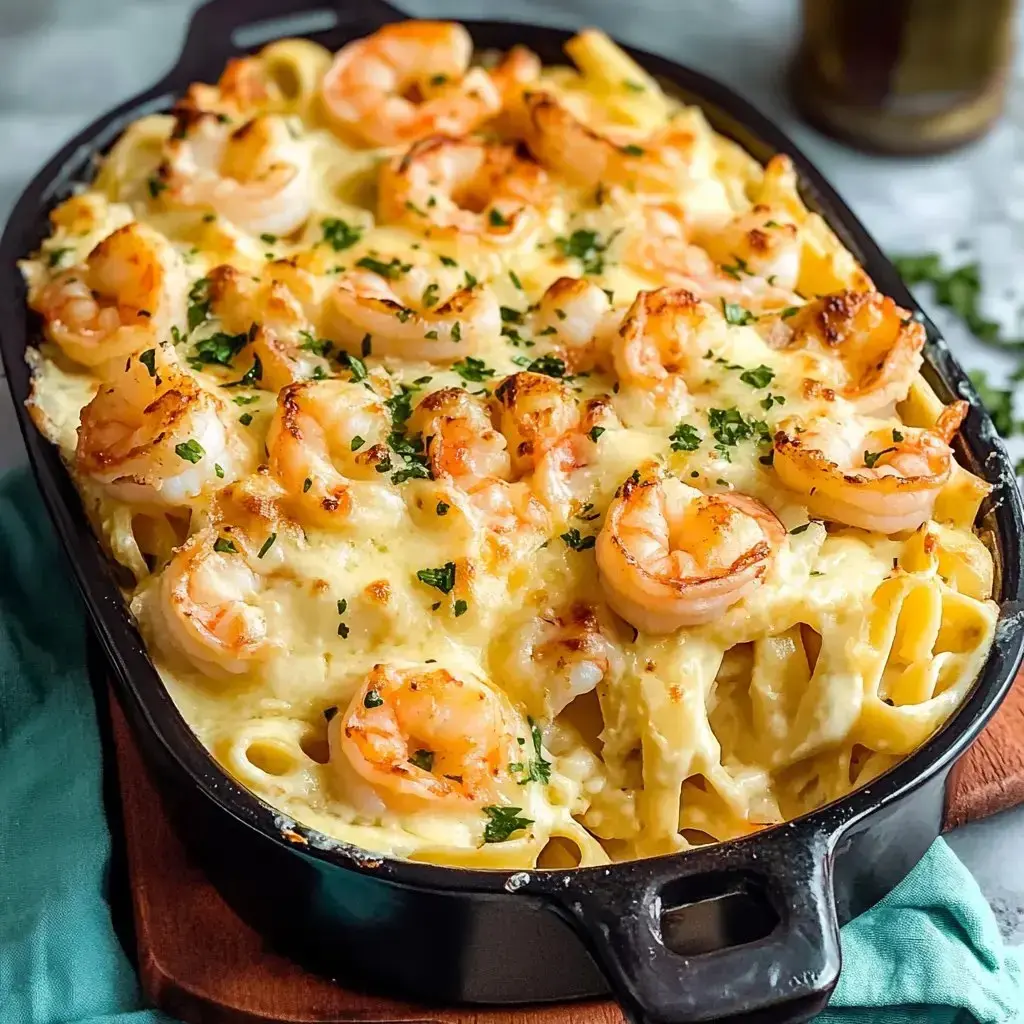 A golden-brown baked pasta dish topped with shrimp and sprinkled with parsley, served in a black dish.