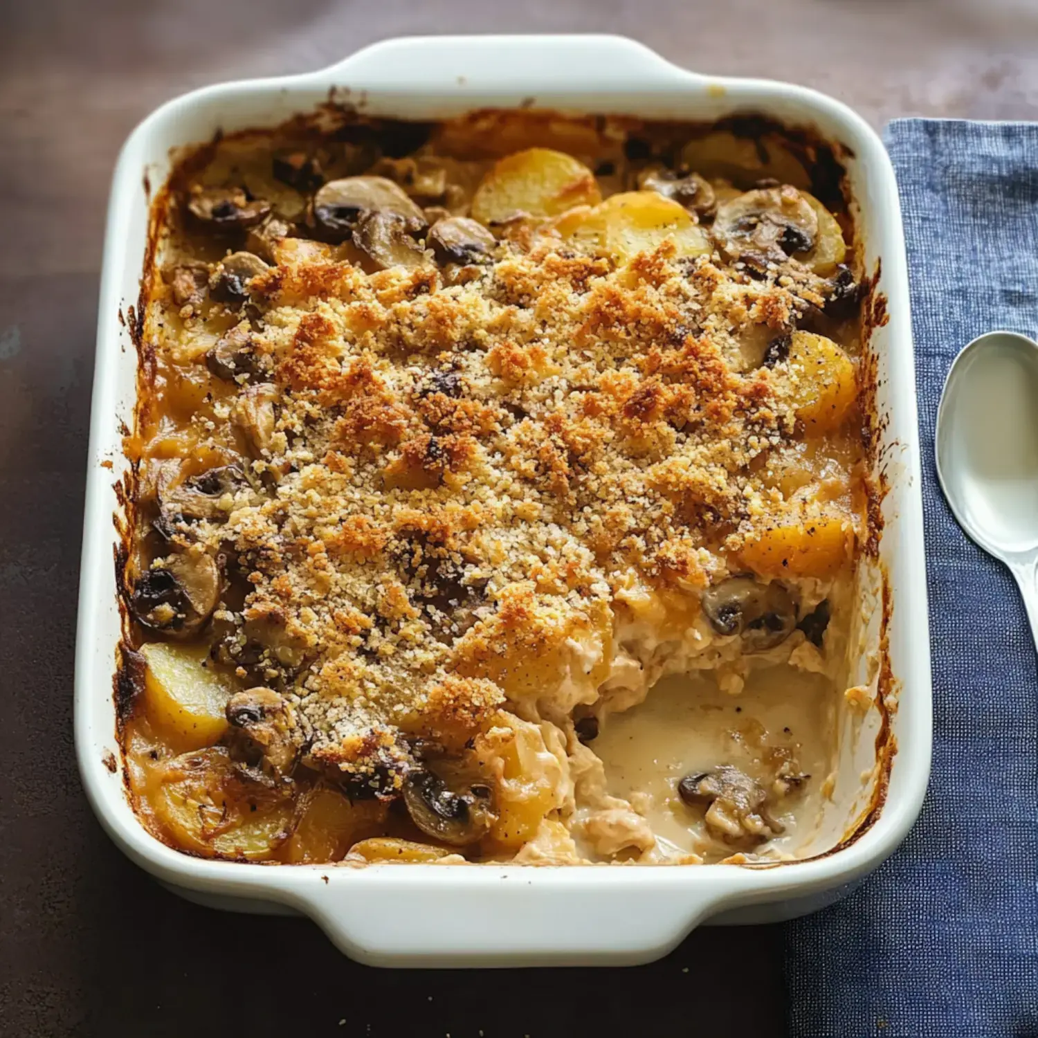 A creamy casserole topped with golden breadcrumbs, featuring mushrooms and potato slices, is baked in a white dish on a dark surface next to a blue napkin and spoon.