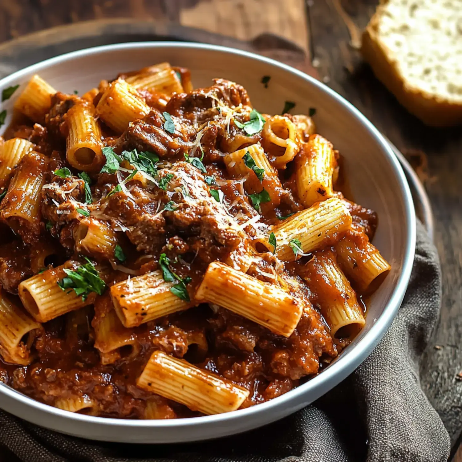 A bowl of rigatoni pasta is topped with a rich meat sauce and garnished with parsley and grated cheese.