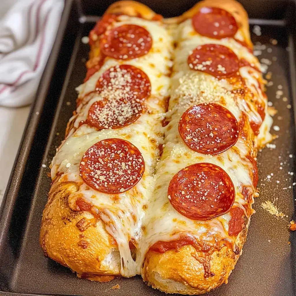 A baked bread dish topped with melted cheese, pepperoni slices, and a sprinkle of Parmesan, served in a black baking tray.