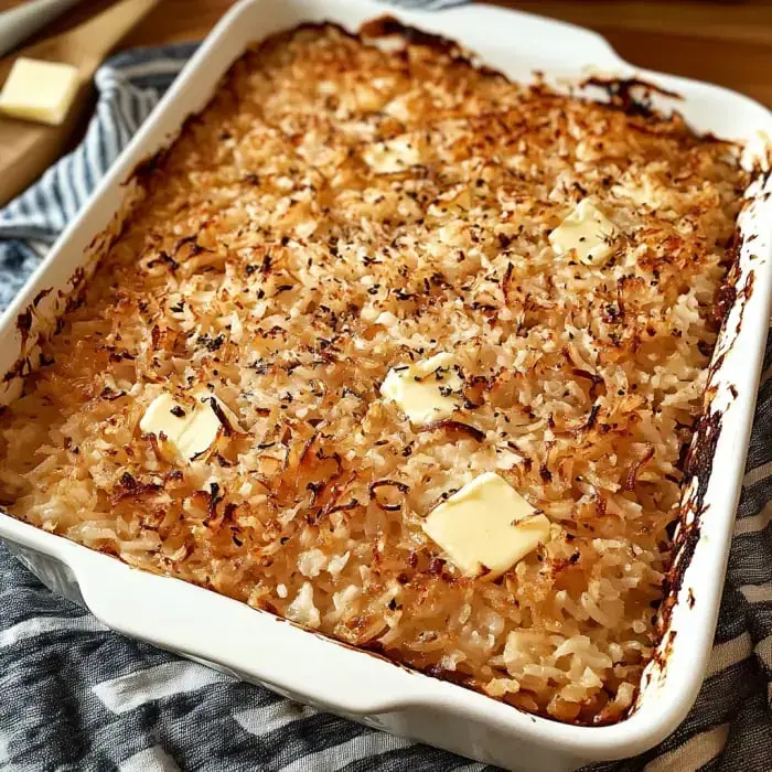 A golden-brown baked dish with a crispy top, dotted with small pats of butter, resting in a white casserole dish on a striped cloth.