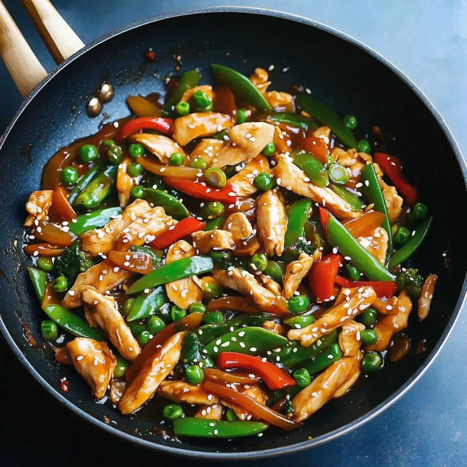 A colorful stir-fry dish featuring chicken, green and red bell peppers, peas, and sesame seeds in a dark frying pan.