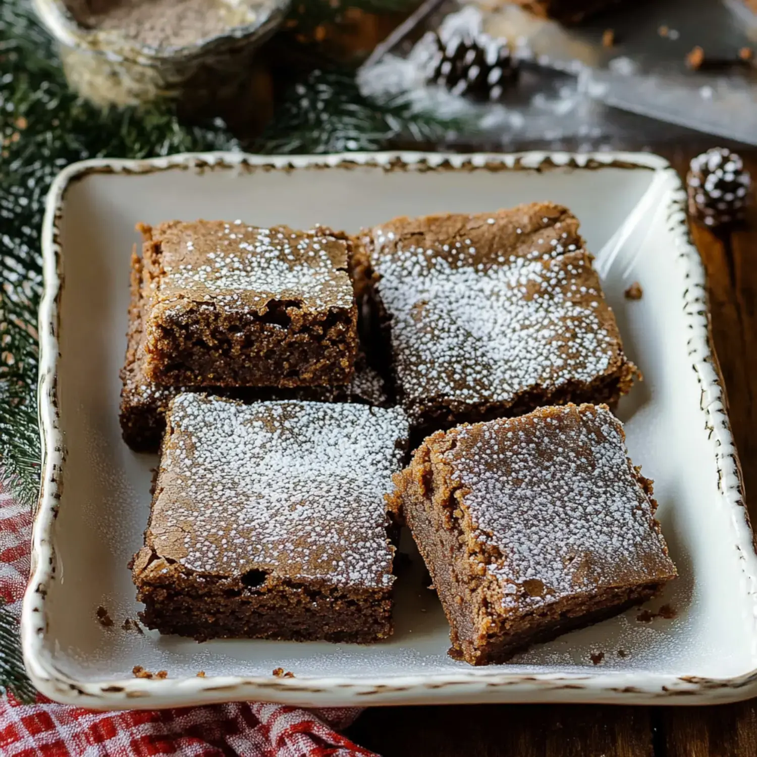 A plate of chocolate brownies dusted with powdered sugar, surrounded by pine branches and a red checkered cloth.