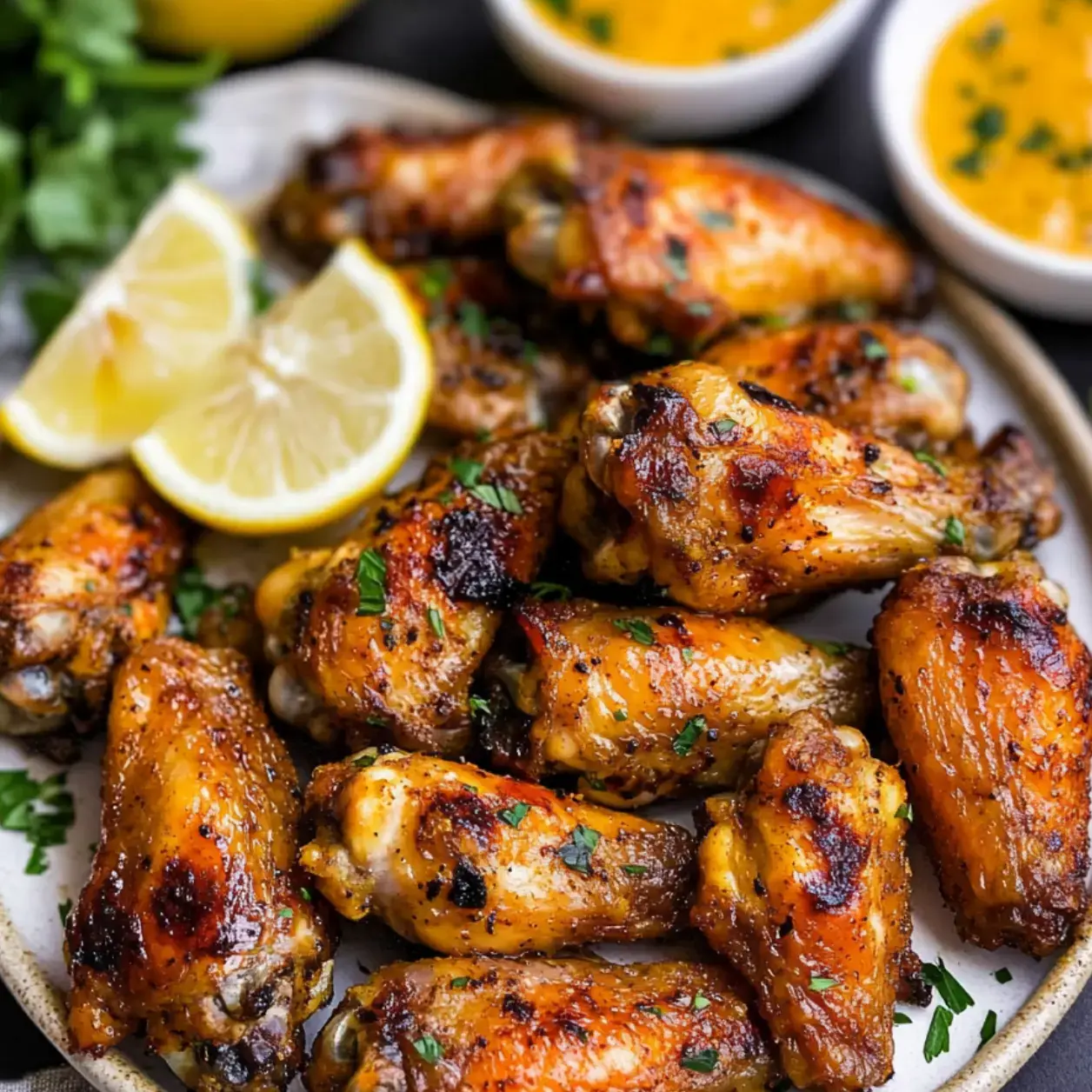 A plate of golden-brown chicken wings garnished with parsley and accompanied by lemon wedges and dipping sauces.