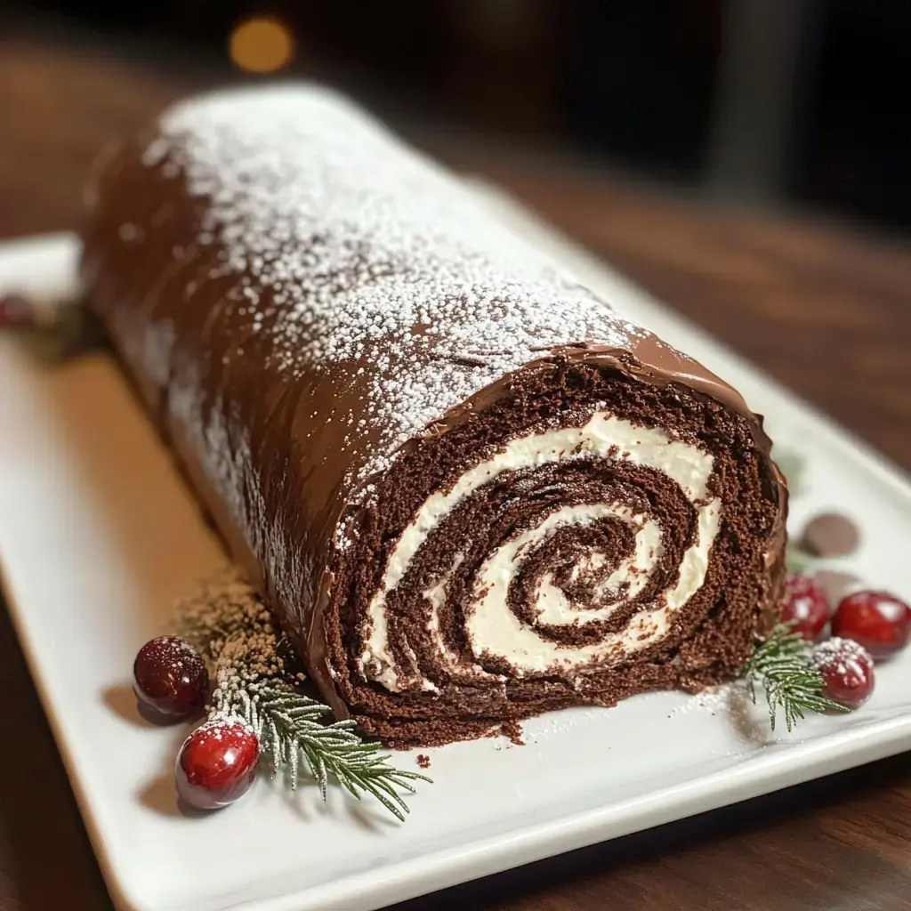 A chocolate yule log cake, dusted with powdered sugar, sits on a white platter garnished with cranberries and pine sprigs.