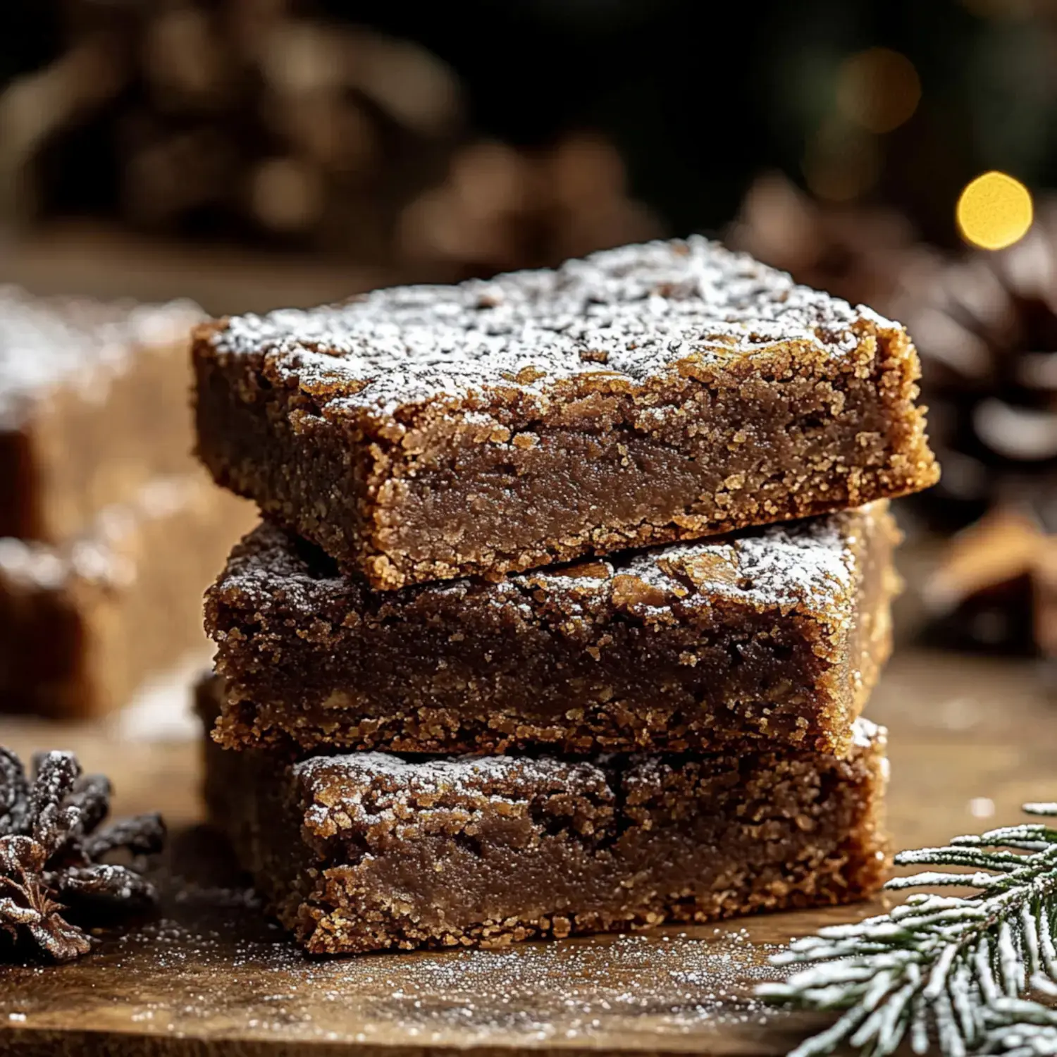 A stack of rich, powdered-sugar-dusted brownies rests on a wooden surface, surrounded by festive pinecones and greenery.