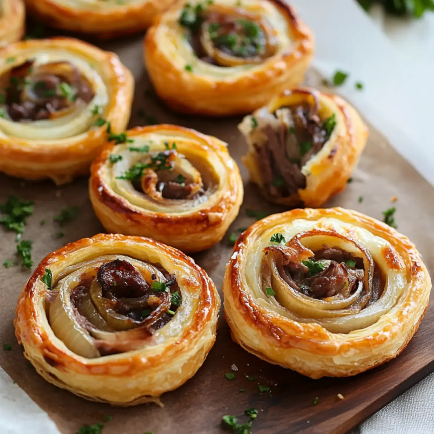 A platter of golden-brown puff pastry spirals filled with sautéed mushrooms and topped with freshly chopped parsley.