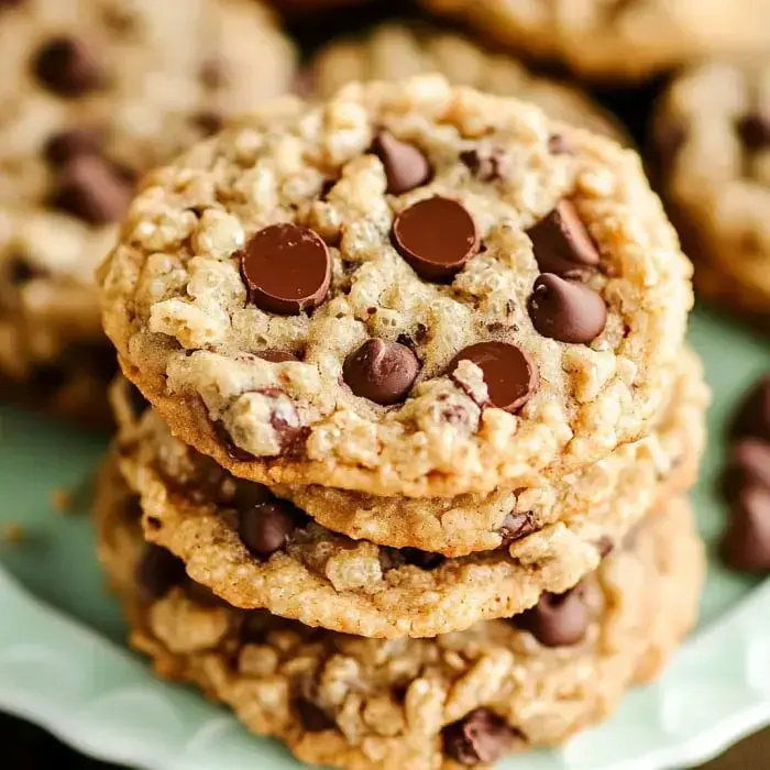 A stack of oatmeal cookies studded with chocolate chips on a light blue plate.