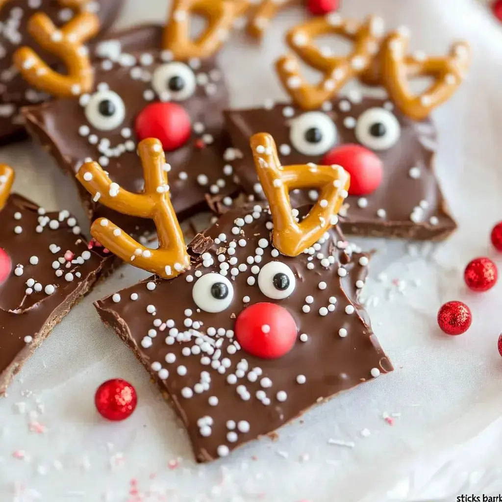 A close-up of festive chocolate squares decorated to resemble reindeer, featuring pretzel antlers, candy eyes, a red candy nose, and sprinkled with white and colorful sprinkles.