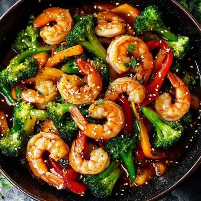 A colorful bowl of shrimp stir-fry with broccoli, bell peppers, and sesame seeds in a savory sauce.