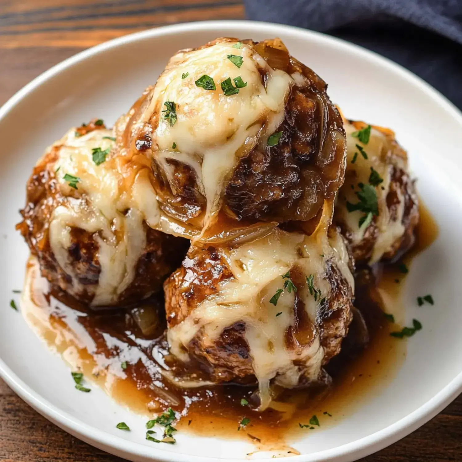 A plate of three cheesy meatballs topped with brown gravy and garnished with parsley.