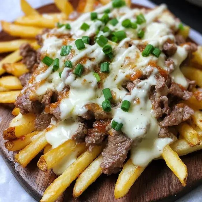 A serving of golden fries topped with shredded beef, creamy sauce, and chopped green onions on a wooden platter.