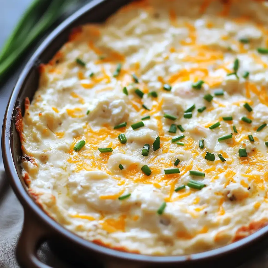 A creamy baked dish topped with melted cheese and garnished with chopped chives.