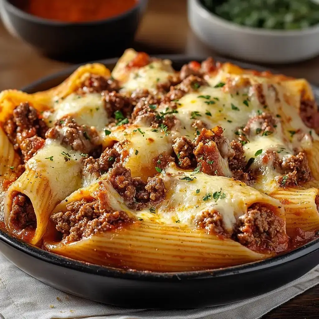 A close-up of a black bowl filled with rigatoni pasta topped with ground beef, marinara sauce, and melted cheese, garnished with parsley.