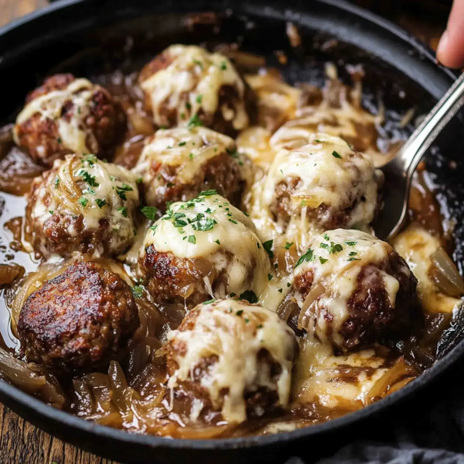 A skillet of cheesy meatballs simmering in a savory sauce with onions and garnished with parsley.