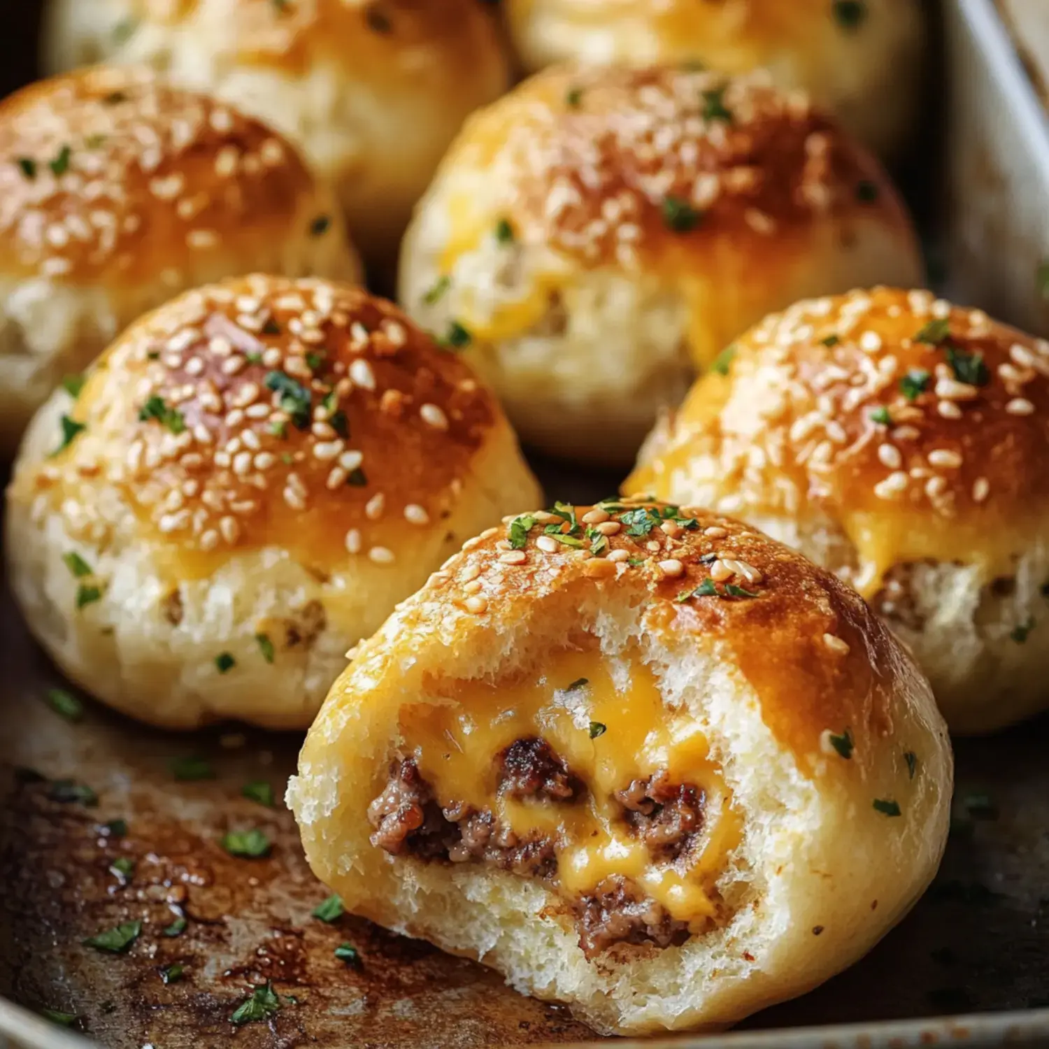 A tray of golden-brown stuffed meat and cheese buns, with one bun cut in half to reveal a gooey filling.