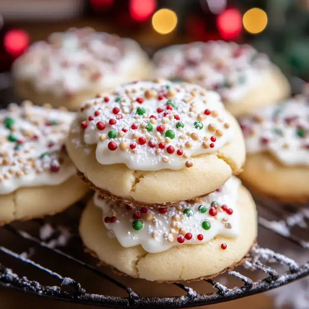 A close-up of decorated Christmas cookies with icing and colorful sprinkles arranged on a wire rack.