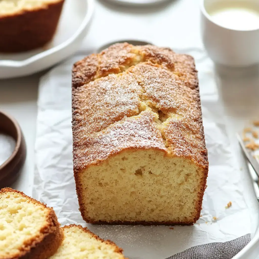 A freshly baked loaf of cake is displayed on parchment paper, with slices cut out, revealing its soft, fluffy interior, and a cup of milk is visible in the background.