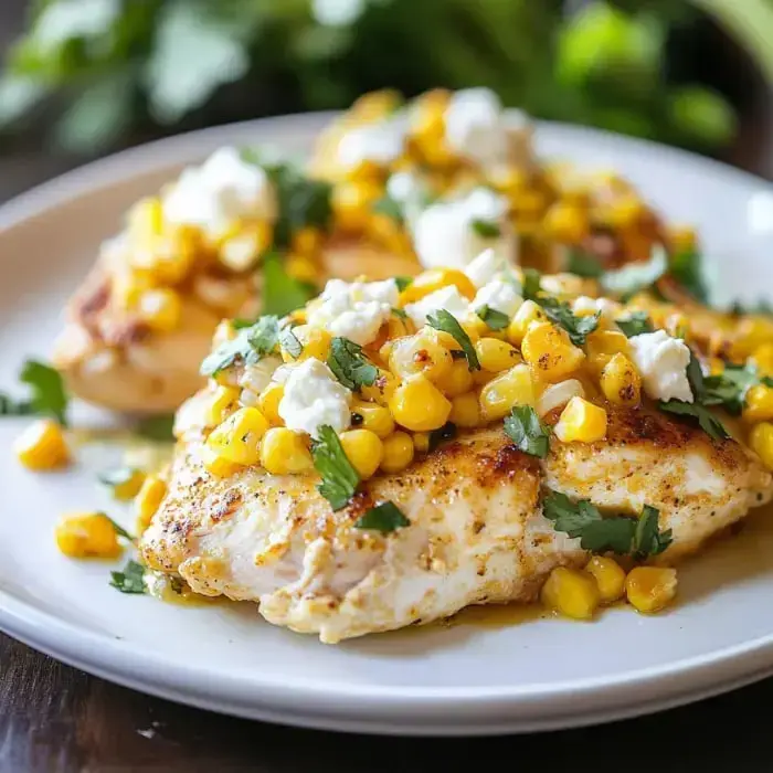 A plated dish of cooked chicken topped with corn, cilantro, and crumbled cheese.