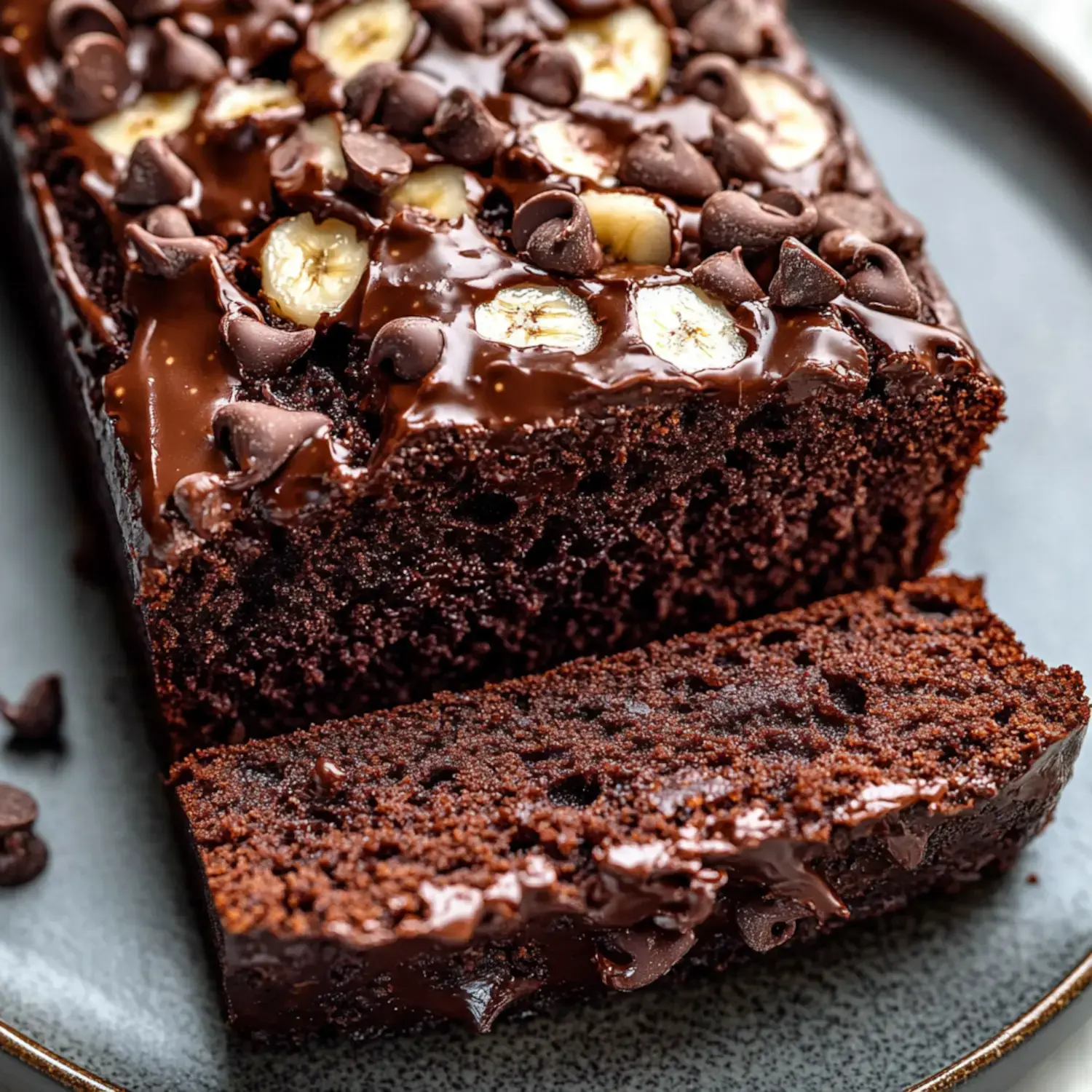 A sliced chocolate cake topped with chocolate chips and banana slices on a dark plate.