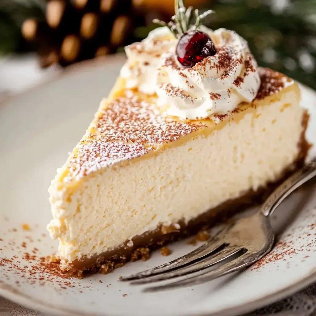 A slice of cheesecake topped with whipped cream and a cherry, sitting on a plate with a fork beside it.