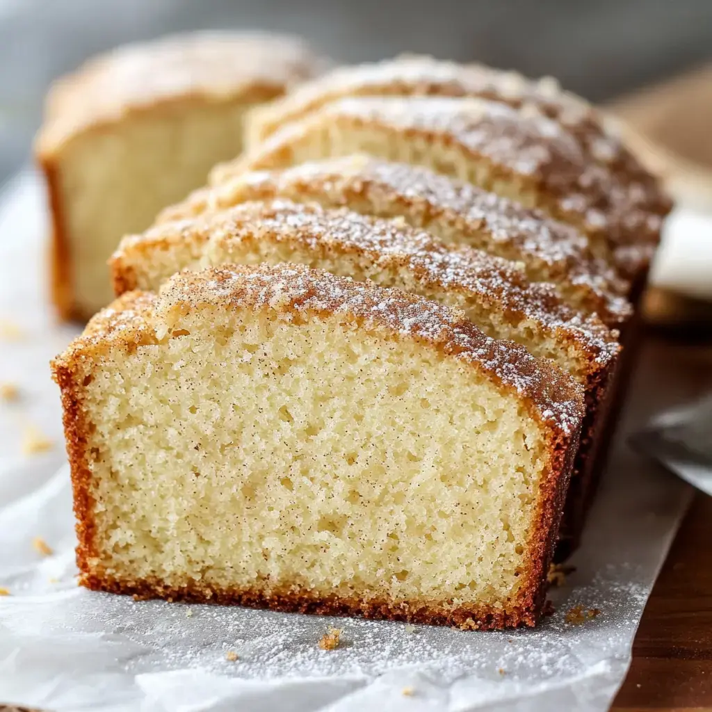 A close-up of a sliced, golden-brown loaf cake dusted with sugar resting on parchment paper.