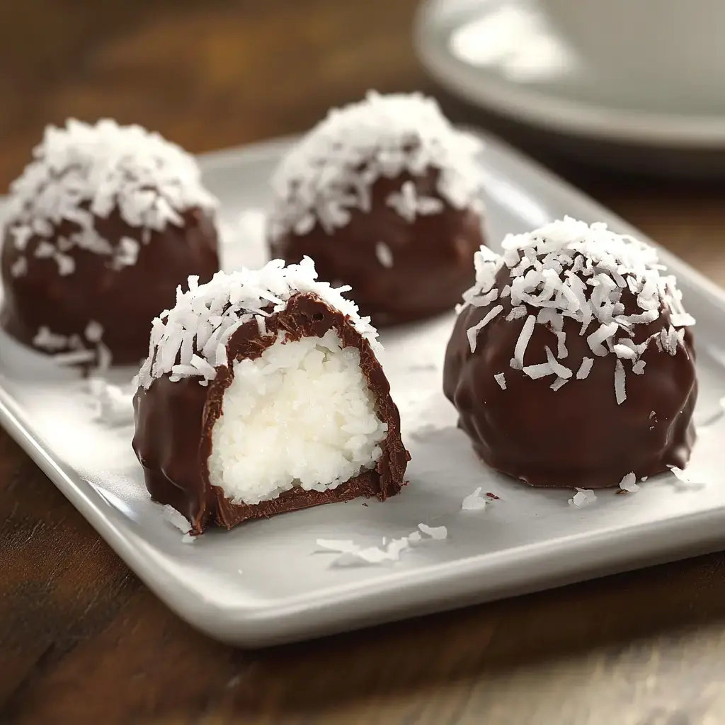 A plate of chocolate-covered coconut balls, one of which is cut in half to reveal the creamy coconut filling inside.