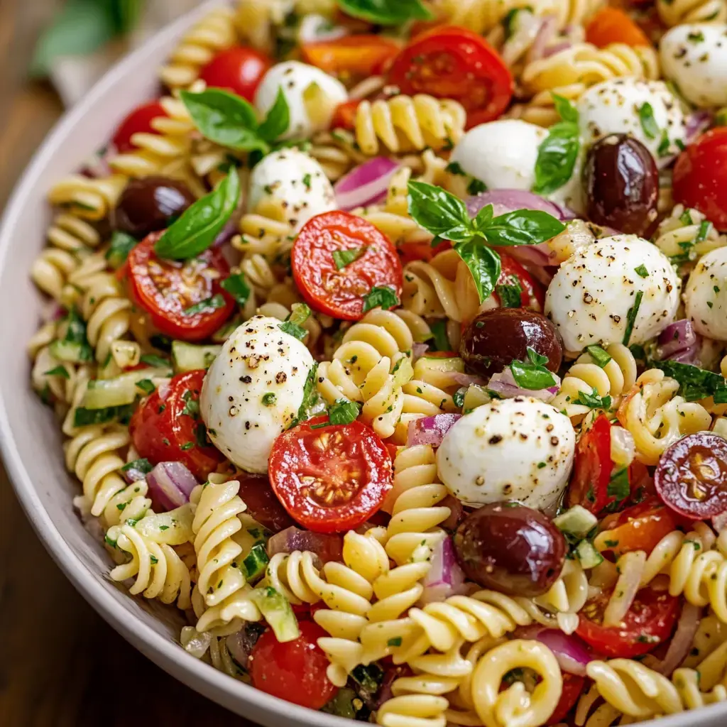 A close-up of a colorful pasta salad featuring fusilli, cherry tomatoes, mozzarella balls, olives, and fresh basil.