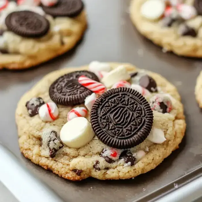 A close-up of a large cookie topped with chocolate chips, crushed peppermint, white chocolate pieces, and two Oreo cookies.