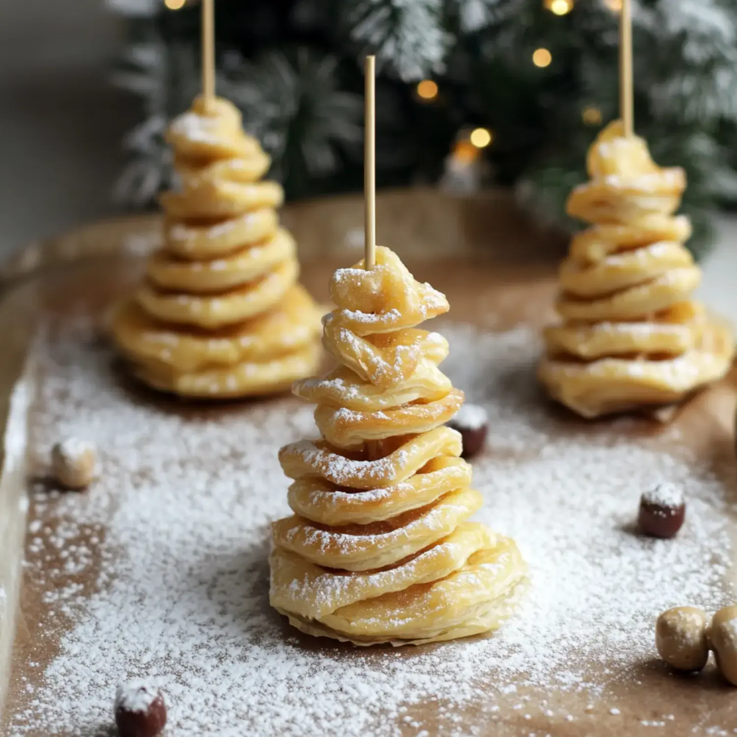 Three pastry Christmas trees dusted with powdered sugar are displayed on a brown parchment paper, surrounded by small hazelnuts and festive greenery.