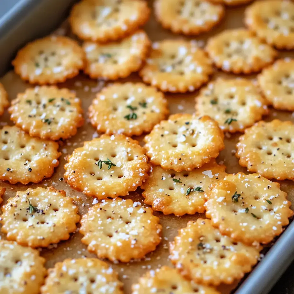 A close-up of crispy crackers seasoned with salt and thyme, arranged neatly on a baking tray.