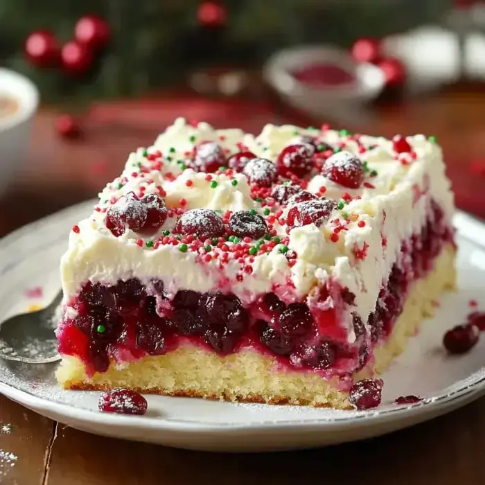 A slice of layered cake topped with whipped cream, cranberries, and festive sprinkles sits on a plate.