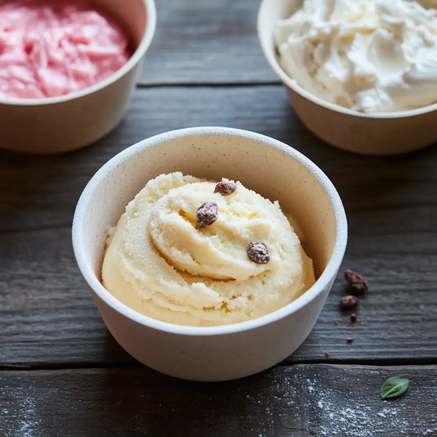 A close-up of a bowl of vanilla ice cream topped with chocolate sprinkles, surrounded by two other bowls of different ice cream flavors.