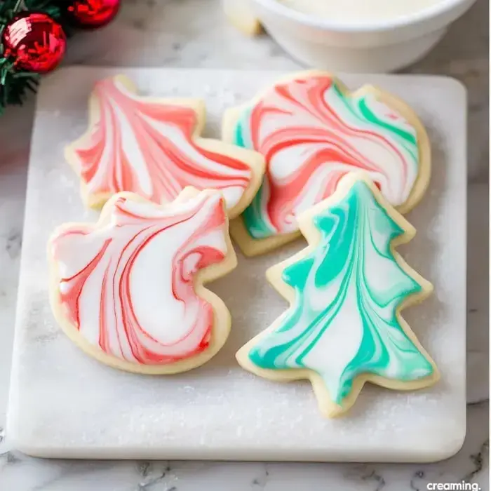 A platter of decorated sugar cookies shaped like Christmas trees and ornaments, featuring swirls of red, green, and white icing.