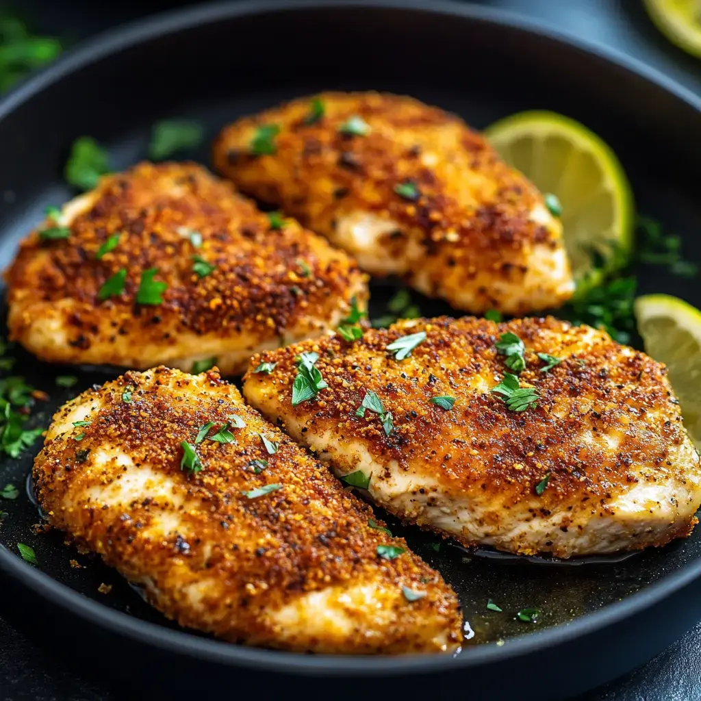 Pan-seared, seasoned fish filets garnished with herbs and served with lime wedges on a dark plate.