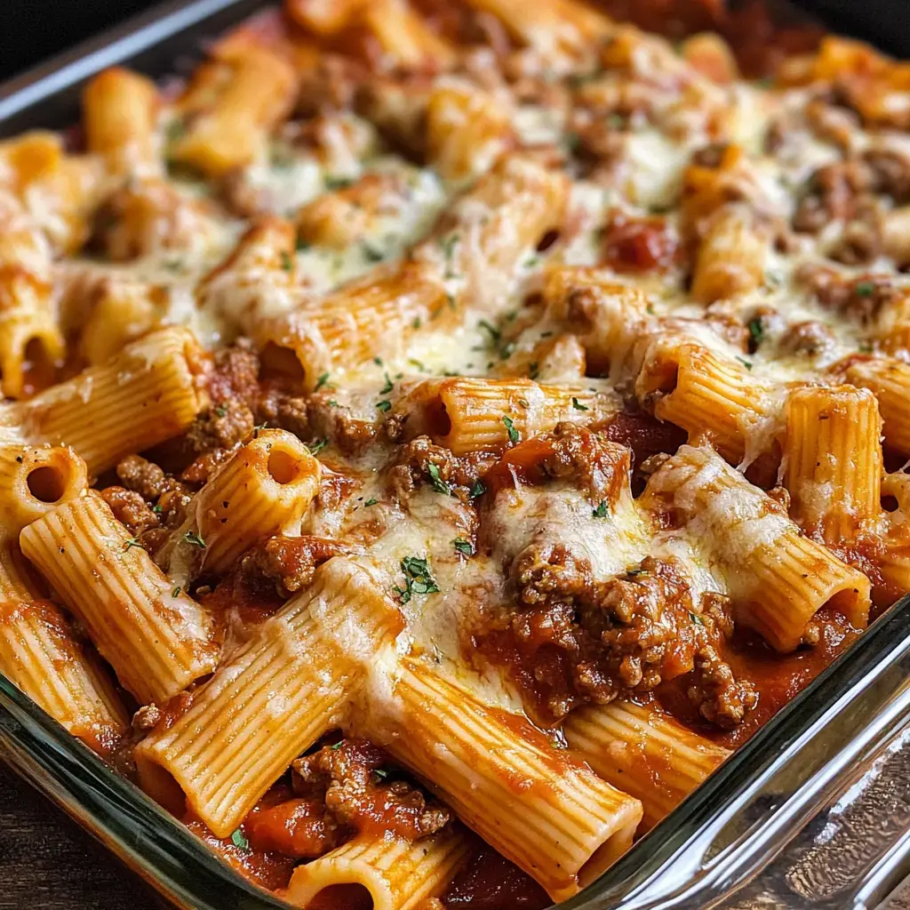 A close-up view of baked rigatoni pasta layered with meat sauce and melted cheese, garnished with herbs, in a glass dish.