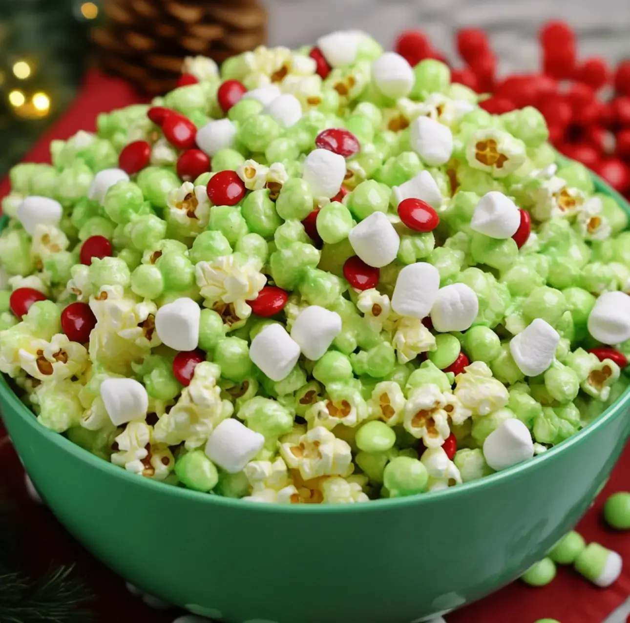 A vibrant green bowl filled with festive popcorn, red candies, and white marshmallows, set against a holiday backdrop.