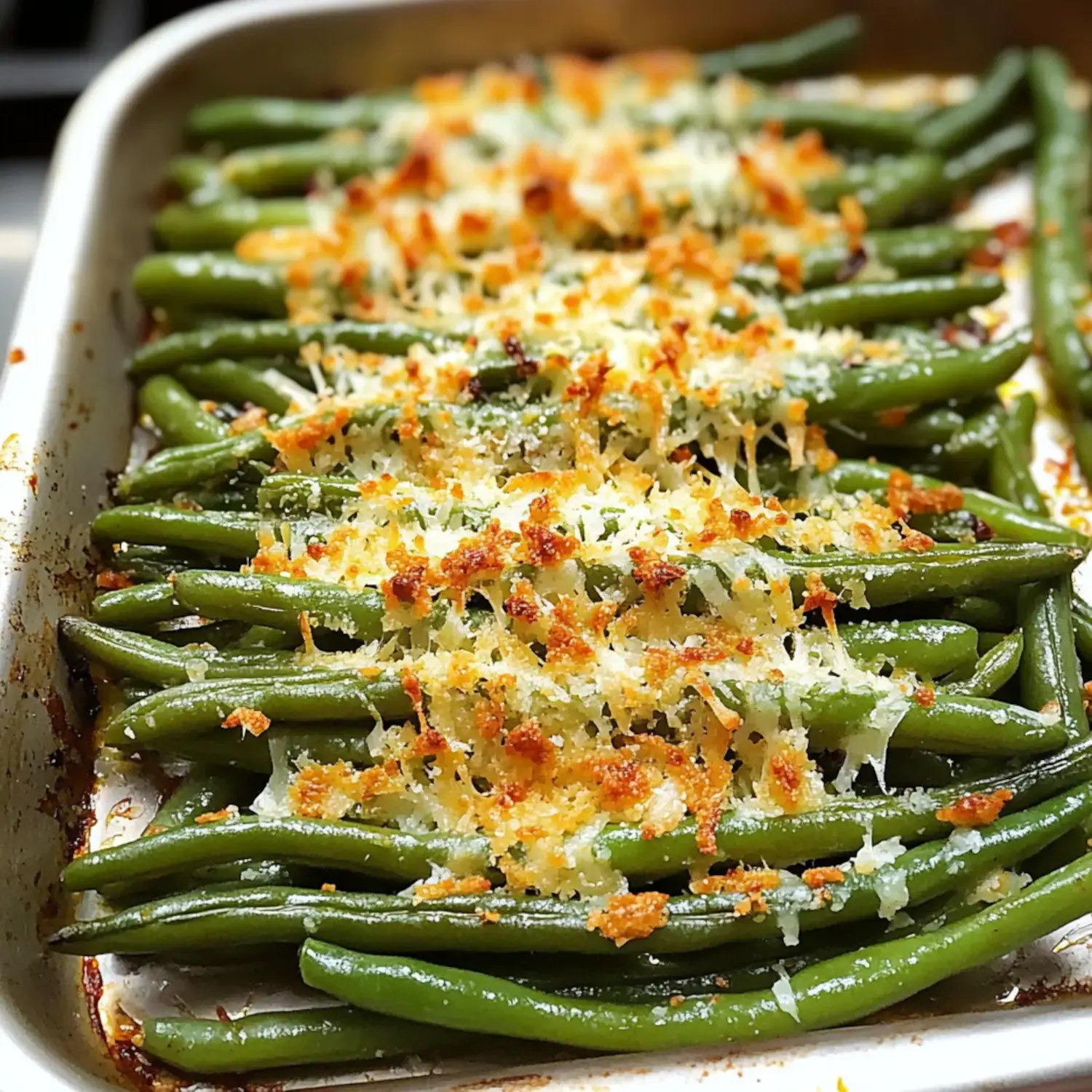 A baking dish filled with green beans topped with a crispy, golden breadcrumb and cheese mixture.